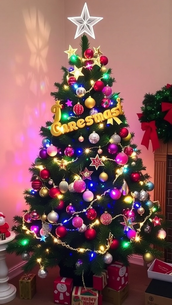 A 4-foot Christmas tree decorated with colorful ornaments and lights, set in a cozy living room.